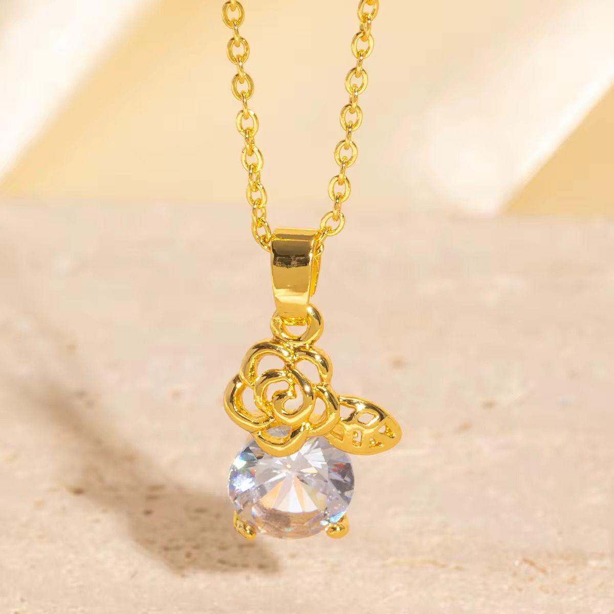 NSJ31A Rose zircon Necklace - 18k Gold PVD plated