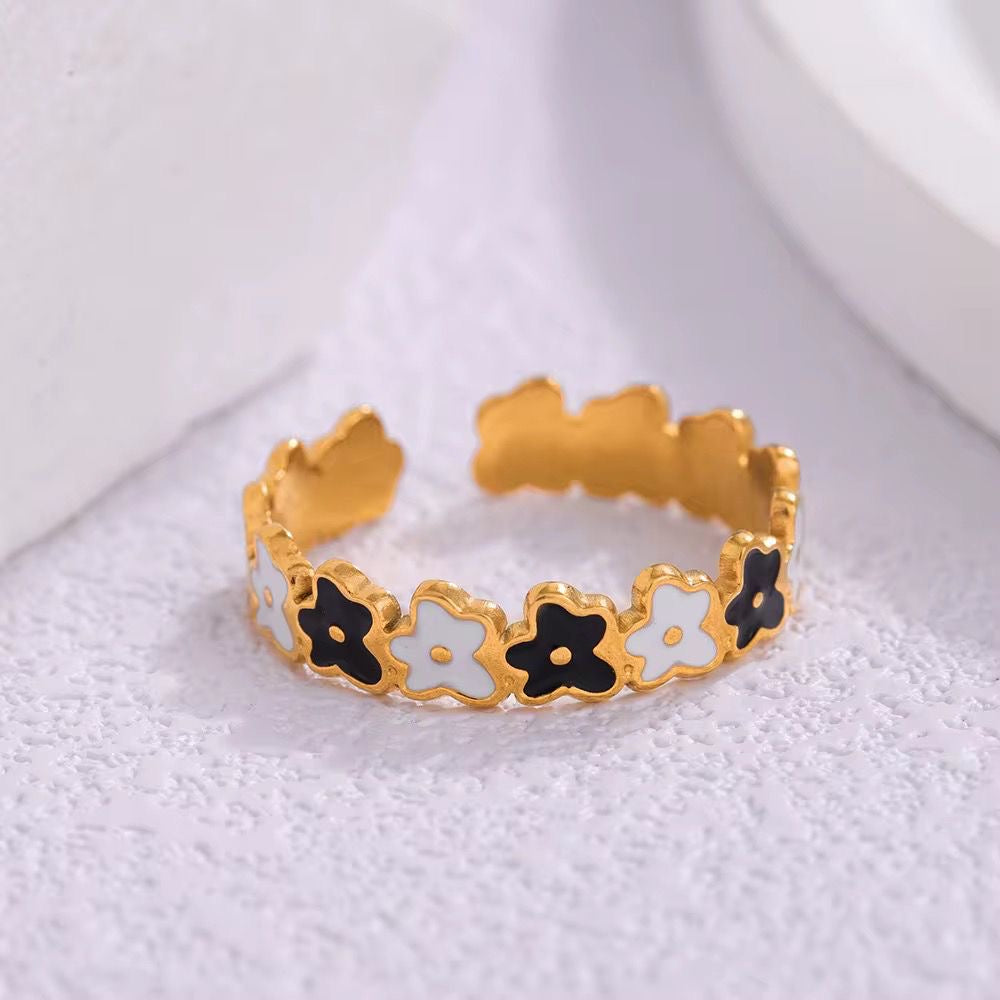 SJ 786 Black and White floral Enamel Ring Adjustable - 18k Gold PVD plated stainless steel - Anti tarnish