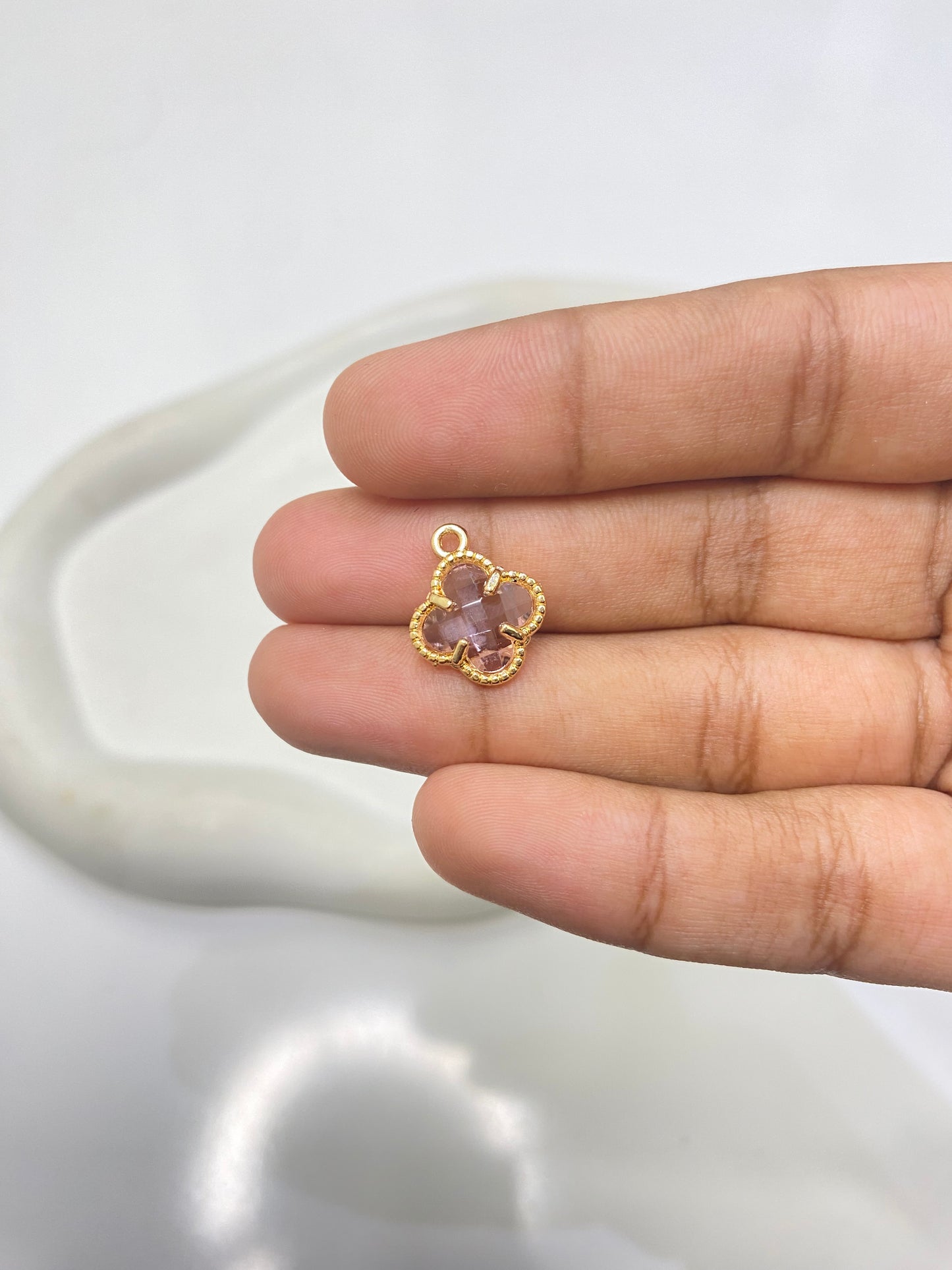 SS 2671 Light Pink Clover Zircon glass Charm 18k gold plated ( 1 pc ) Anti tarnish ( 9 mm )