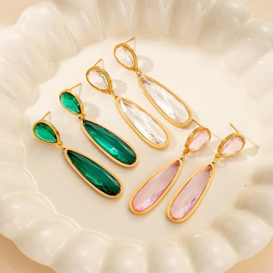 SJ 1143 Green Zircon drop studs - 18k Gold PVD plated stainless steel - Anti tarnish