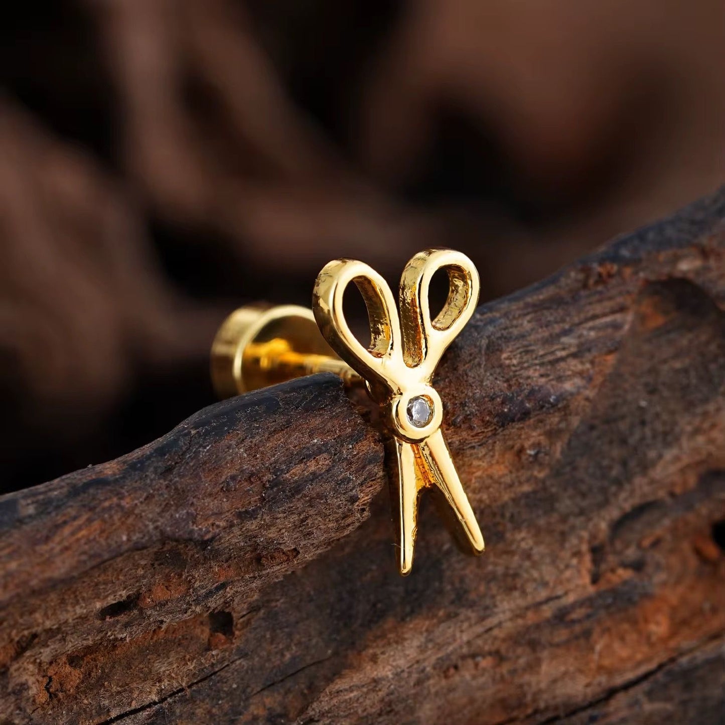 SJ 871 Scissor Zircon Cartilage 2nd Piercing Stud ( 1 pc ) - 18k Gold PVD plated stainless steel - Anti tarnish