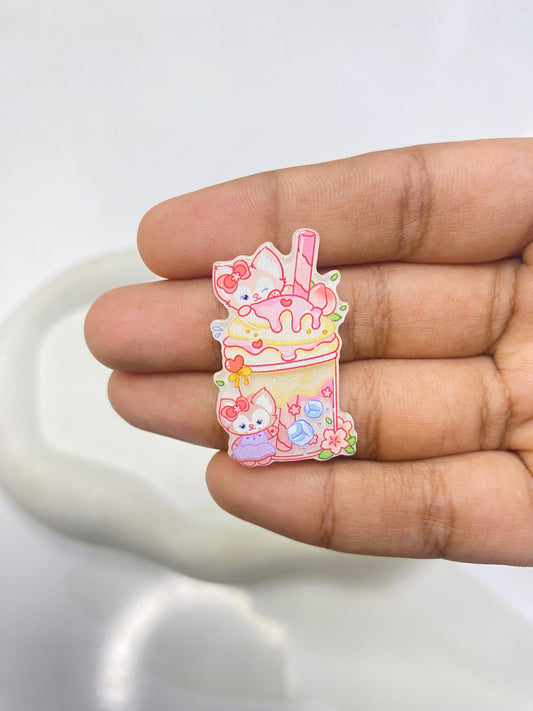 BBB 087 (c) Pink kawaii cats on Milkshake charm flat acrylic charm ( 1 pc )