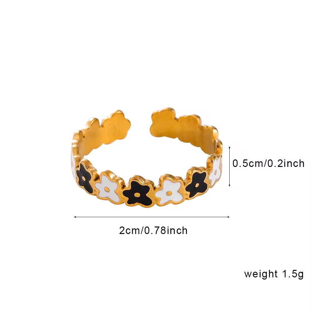SJ 786 Black and White floral Enamel Ring Adjustable - 18k Gold PVD plated stainless steel - Anti tarnish