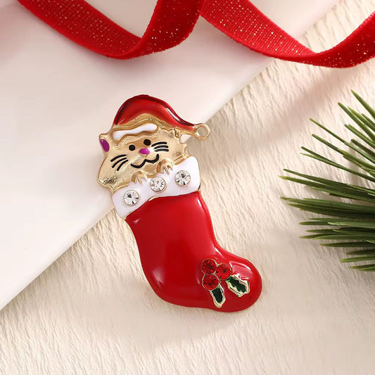 BR 78 Kitty Santa Socks Christmas Zircon Brooch ( 1 PC ) Anti Resistant
