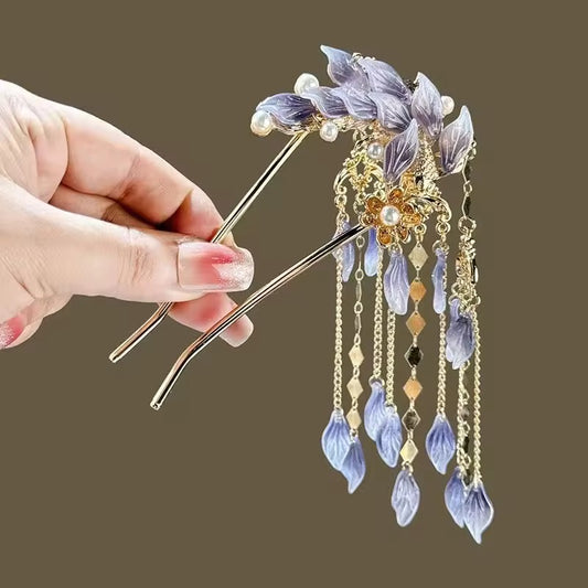 HA 33 Purple Glass Floral U shape Hair Sticks with Dangling Drops - Retro korean Style ( 1 pc )
