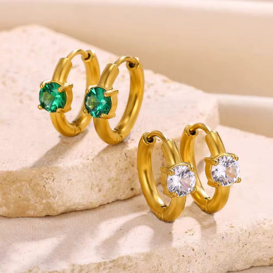 SJ 511 - Round Emerald zircon huggie Earring - 18k Gold PVD plated stainless steel - Anti tarnish