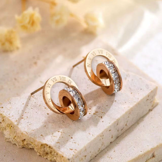 SJ 782 Zircon Roman Rose gold stud Earring - 18k Gold PVD plated stainless steel - Anti tarnish