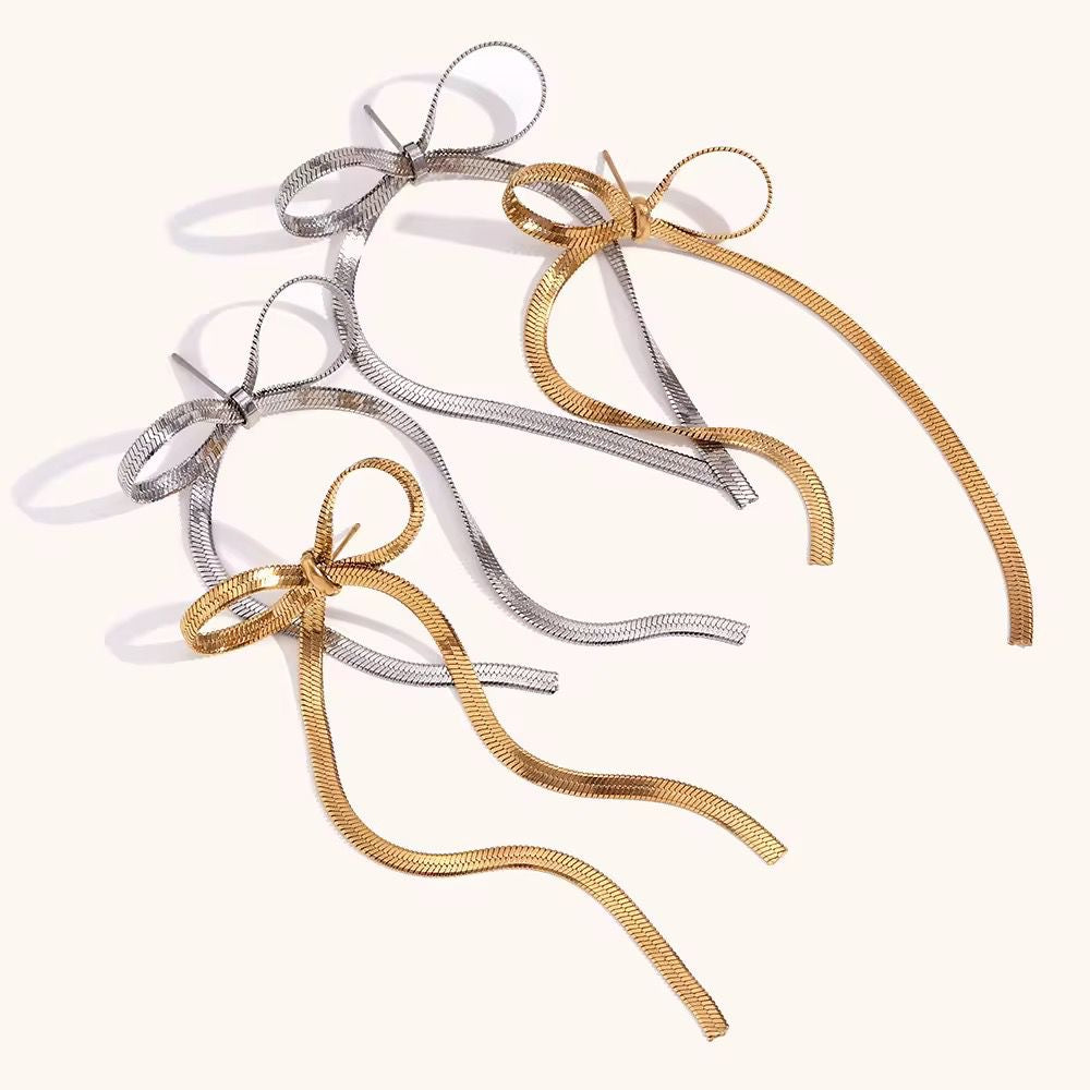 SJ 563 Snake chain Bow silver stud earrings - 18k Gold PVD plated stainless steel - Anti tarnis