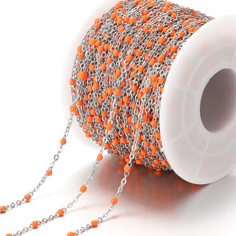 CN 356 Orange Beaded Silver plated 316 Stainless steel chain ( 1 feet ) Anti tarnish
