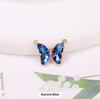 BBB 206 (q) Holographic Blue Butterfly 14k gold plated Zircon crystal charm ( 1 pc ) Anti tarnish ( 22:16 mm )