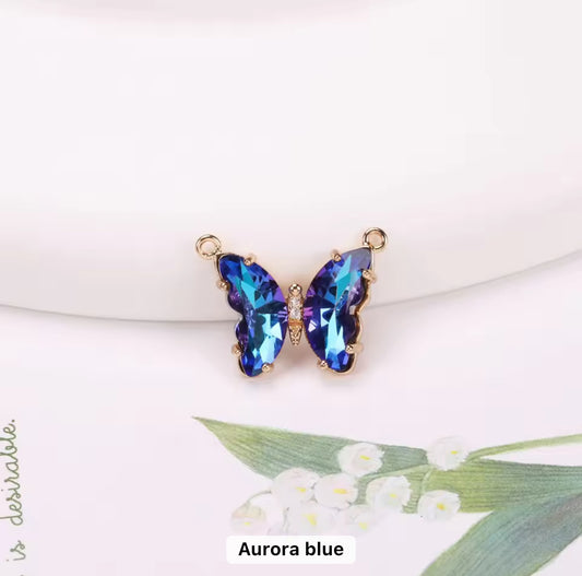 BBB 206 (q) Holographic Blue Butterfly 14k gold plated Zircon crystal charm ( 1 pc ) Anti tarnish ( 22:16 mm )