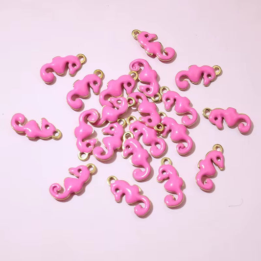 BBB 244 (a) Pink Sea Horse Enamel Tiny Charm 18K Gold PVD plated stainless steel ( 1 piece ) Anti tarnish ( 12:6 mm )