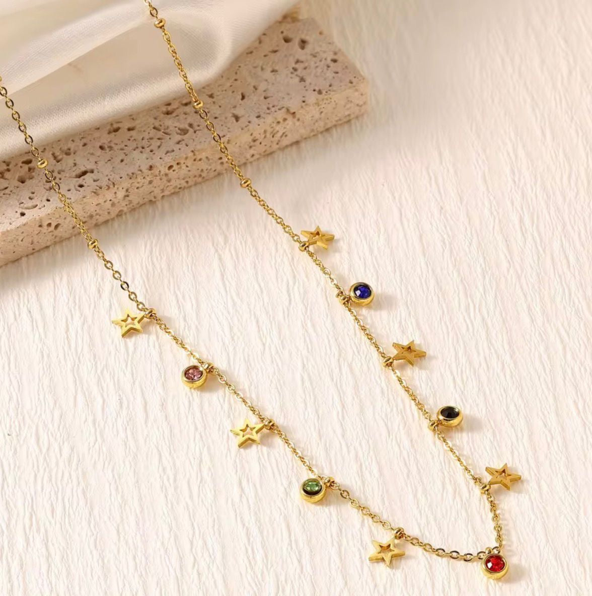 SJ 1053 Star Colourful Zircon dainty Necklace   - 18k Gold PVD plated stainless steel - Anti tarnish