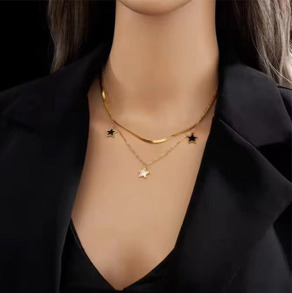 NSJ05D Black and white star double layer Necklace - 18k gold PVD plated 316 stainless steel - Anti tarnish