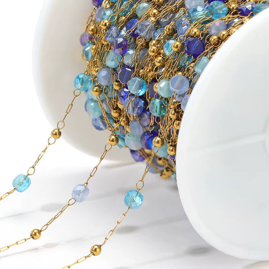 CN 347 Blue Multi Tone round crystal  Handmade gold 316 Stainless steel chain ( 1 feet ) Anti tarnish