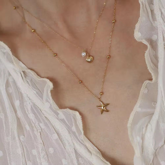 SJ 541 Beach Theme Double layer Necklace - 18k Gold PVD plated stainless steel - Anti tarnish