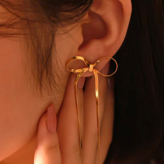 SJ 562  Snake chain Bow Earrings - 18k Gold PVD plated stainless steel - Anti tarnis