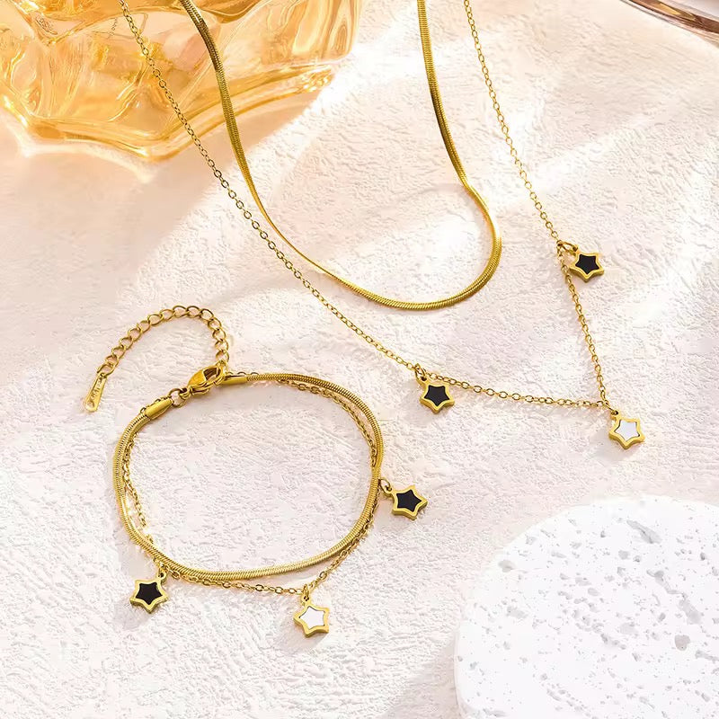 SJ 387 Black and white star double layer bracelet - 18k gold PVD plated stainless steel - Anti tarnish - Wholesale