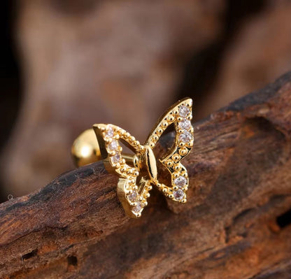 MSJ05A Butterfly Zircon Cartilage 2nd piercing stud ( 2 pc ) -18k Gold PVD plated