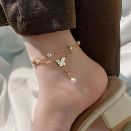 SJ 710 Butterfly Double layer Dangling Anklet - 18k Gold PVD plated stainless steel - Anti tarnish