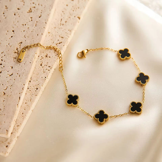 SJ 432 Black Four Leaf Clover lucky Bracelet - 18k Gold PVD plated stainless steel - Anti tarnish - Wholesale