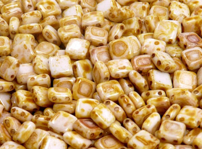 BBB 108 (A) Two Hole pressed Czechmates Glass Tile Beads Opaque Chalk white Travertine -(1PC)