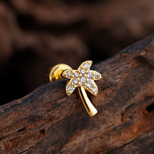 SJ 874 Cute Tree Zircon Cartilage 2nd Piercing Stud ( 1 pc ) - 18k Gold PVD plated stainless steel - Anti tarnish
