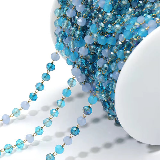 CN 79 Sea Blue Toned Stone Crystal link Chain 18k Gold Stainless steel( 1 feet ) Anti tarnish ( .8 * 2 mm )