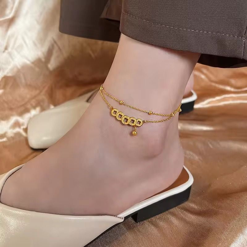 AKJ02B Circle linked beaded Anklet 18k Gold PVD plated