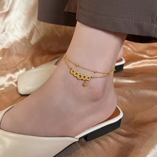 AKJ02B Circle linked beaded Anklet 18k Gold PVD plated