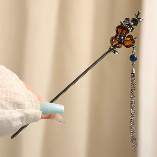 HA 29 Black Floral Gothic Hair Stick with Dangling Tassel Drop - Retro korean Style ( 1 pc )