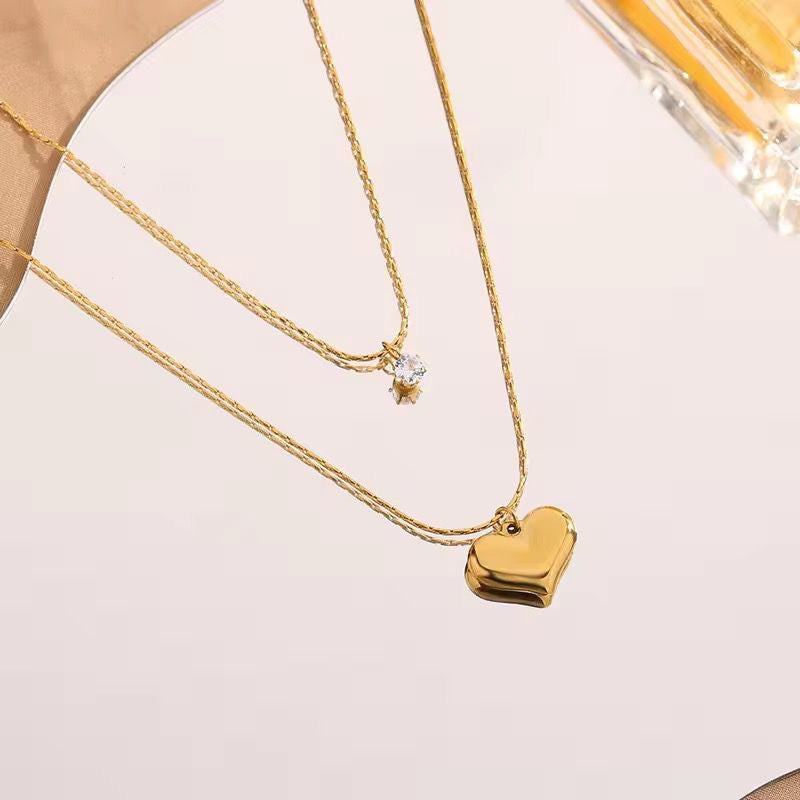 SJ 581 Heart Zircon dainty double layer necklace - 18k Gold PVD plated stainless steel - Anti tarnish