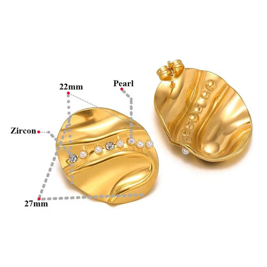 SJ 1023 Pearl Wavy Round Stud Earring  - 18k Gold PVD plated stainless steel - Anti tarnish