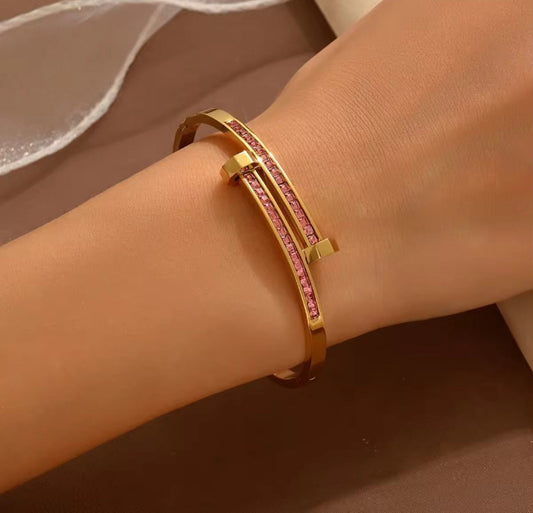 BSJ15F Pink zircon bracelet - 18k gold PVD plated 316 stainless steel - Anti tarnish