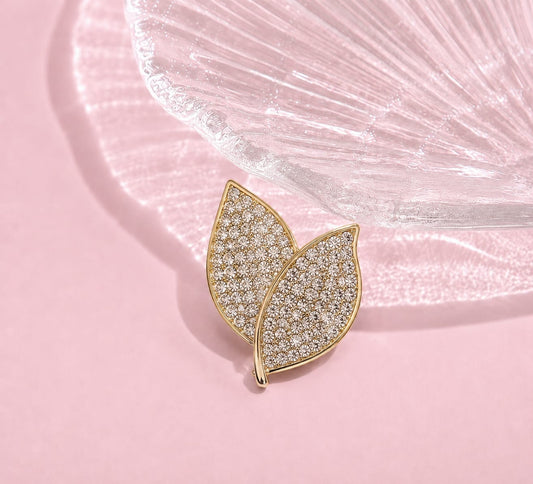 BR03B Golden Twin Leaf Zircon Brooch ( 1 PC ) Anti Resistant
