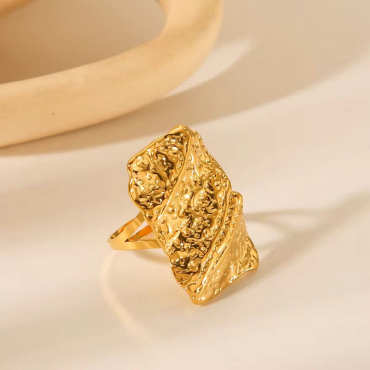 SJ 503 Chunky style Fashion Hammered ring adjustable - 18k Gold PVD plated stainless steel - Anti tarnish - Wholesale