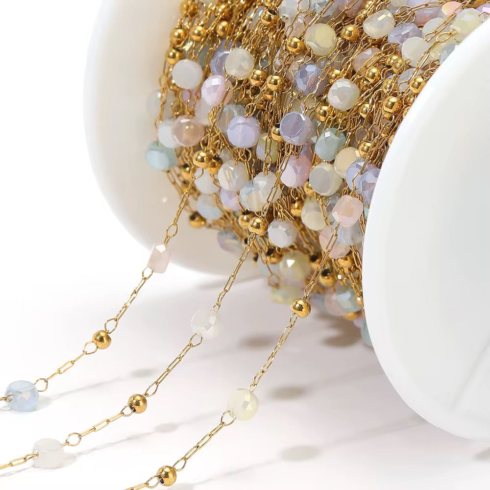 DIYS227 Pastels Multi Colour Round Crystal Handmade 18k Gold PVD Plated Chain ( 1 feet )