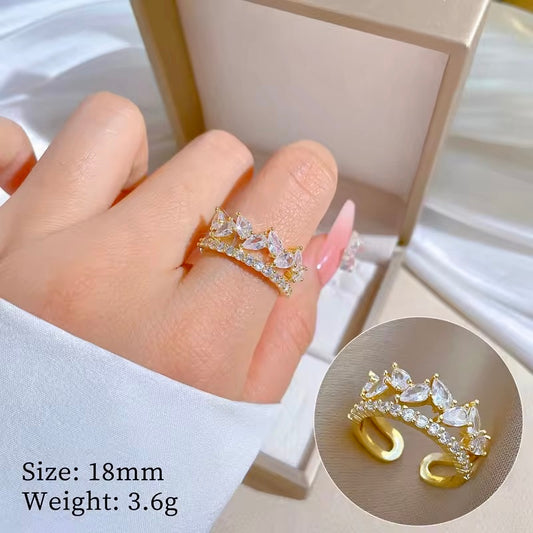SS 198 Crown zircon ring adjustable- 18k gold plated copper - Anti tarnish - Wholesale