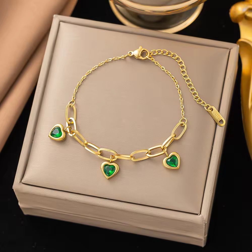 BSJ20E Green Heart Paper clip Chain Bracelet 18k Gold PVD plated