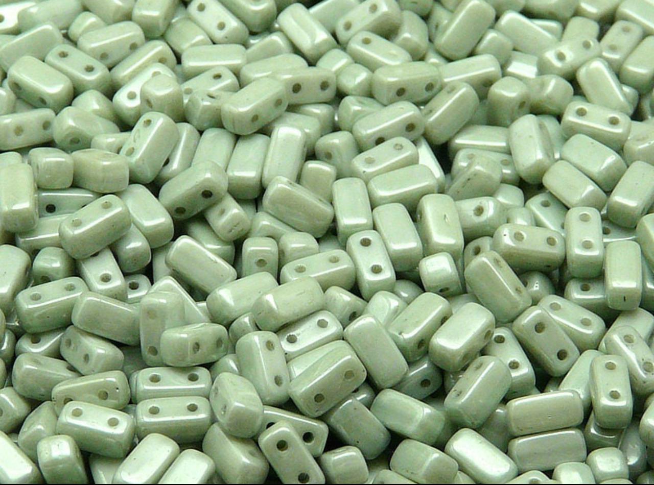 GB 1079 Czech Two Hole Pressed Rectangle Glass Brick Beads Opaque Light Green Ceramic Look - per piece