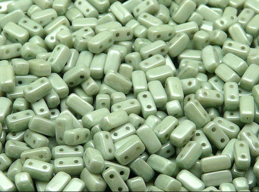 BBB 123 (B) Czech Two Hole Pressed Rectangle Glass Brick Beads Opaque Light Green Ceramic Look - (1PC)