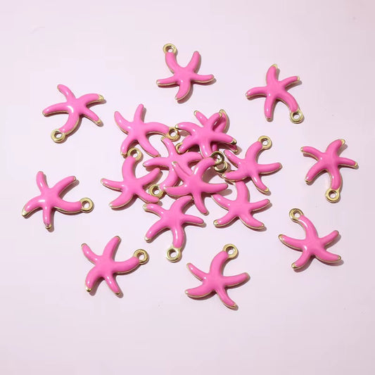 BBB 245 (a) Pink Star fish Enamel Tiny Charm 18K Gold PVD plated stainless steel ( 1 piece ) Anti tarnish ( 10.5:10 mm )