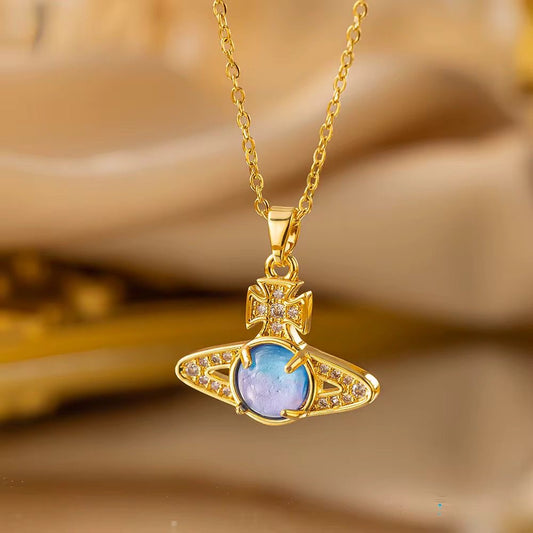 SJ 881 Saturn Zircon Necklace - 18k Gold PVD plated stainless steel - Anti tarnish