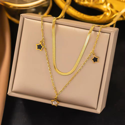 NSJ05D Black and white star double layer Necklace - 18k gold PVD plated 316 stainless steel - Anti tarnish