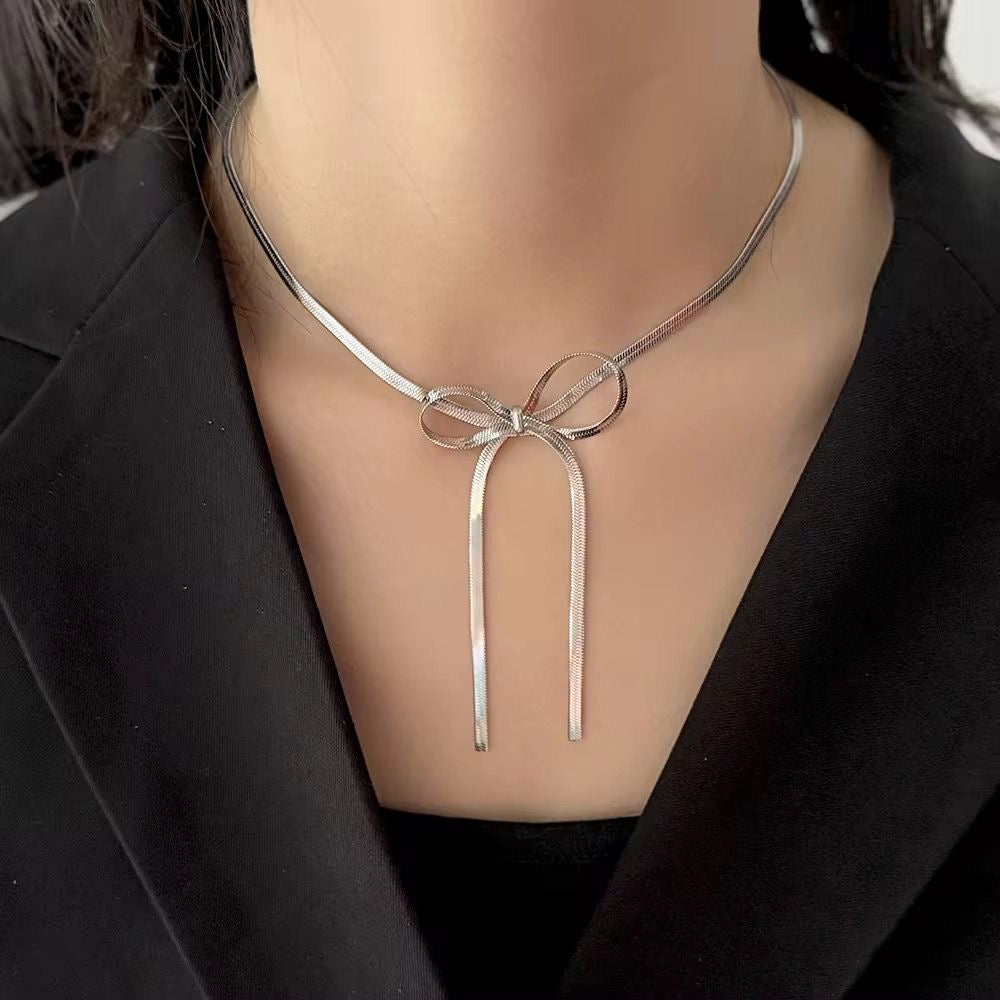SJ 564 snake chain bow silver necklace - 18k Gold PVD plated stainless steel - Anti tarnis