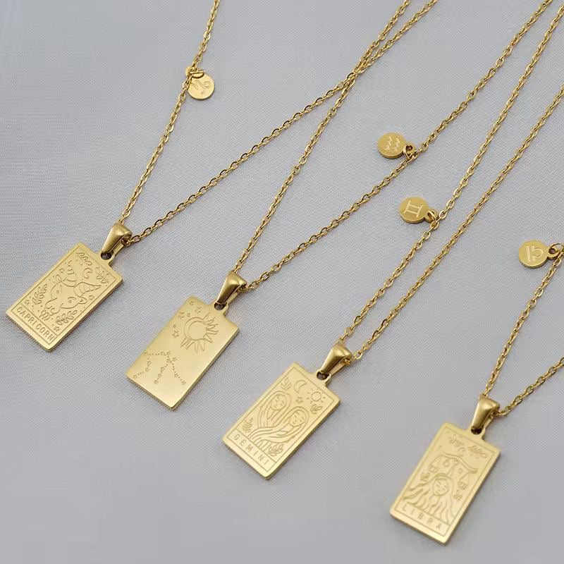 SJ 851 Zodiac Sign Tarot Card Necklace - 18k Gold PVD plated stainless steel - Anti tarnish