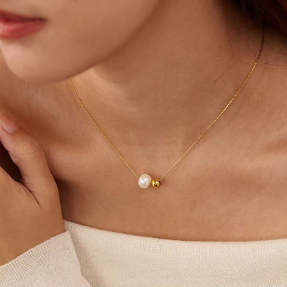 NSJ06F Pearl Bead Minimalistic Necklace - 18k Gold PVD plated 316 stainless steel - Anti tarnish