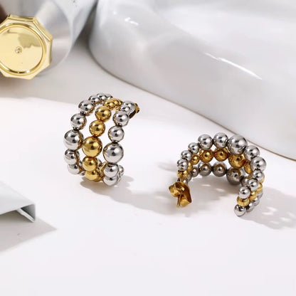 SJ 944 Dual Tone Beaded C hoop stud Earring - 18k Gold PVD plated stainless steel - Anti tarnish