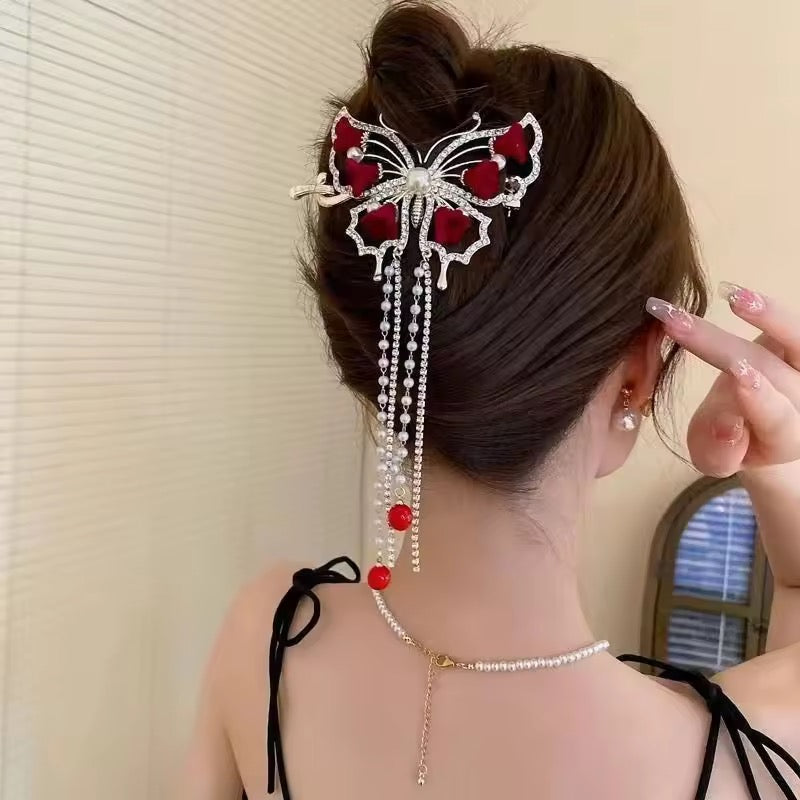 HA 40 Butterfly Rhinestone Pearl Metal Hair Clip with Dangling drop( 1 pc )