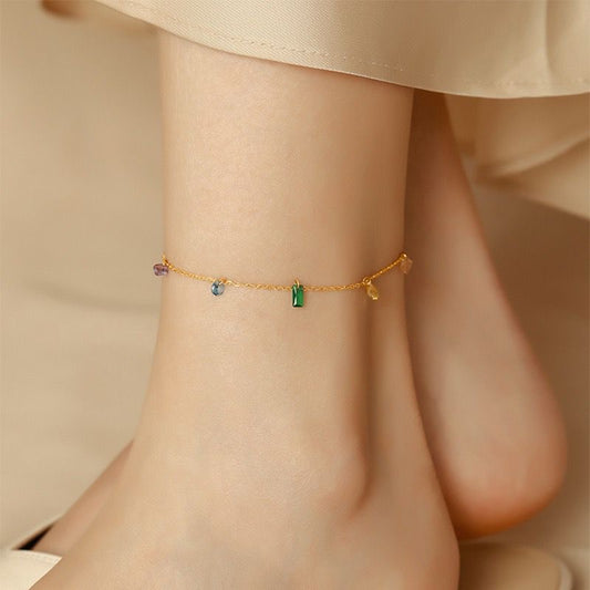 AKJ02F Multi colour stone dainty Anklet  - 18k Gold PVD plated